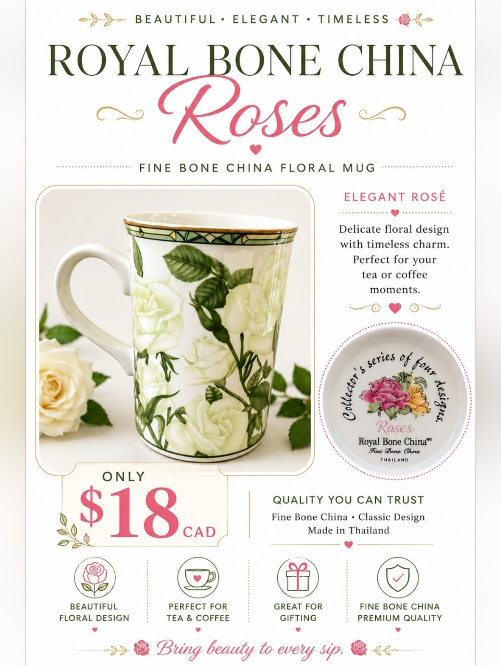 Royal Canterbury Fine Bone China Cups / Mugs Green Floral Roses Vintage Tea Set